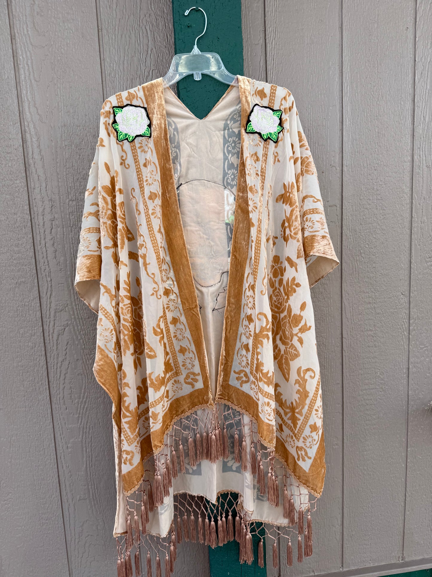Burnout Velvet Rose and Bolts Fringe Kimono