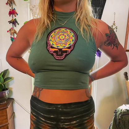 Embroidered Stealie Mandala High Neck Crop Top