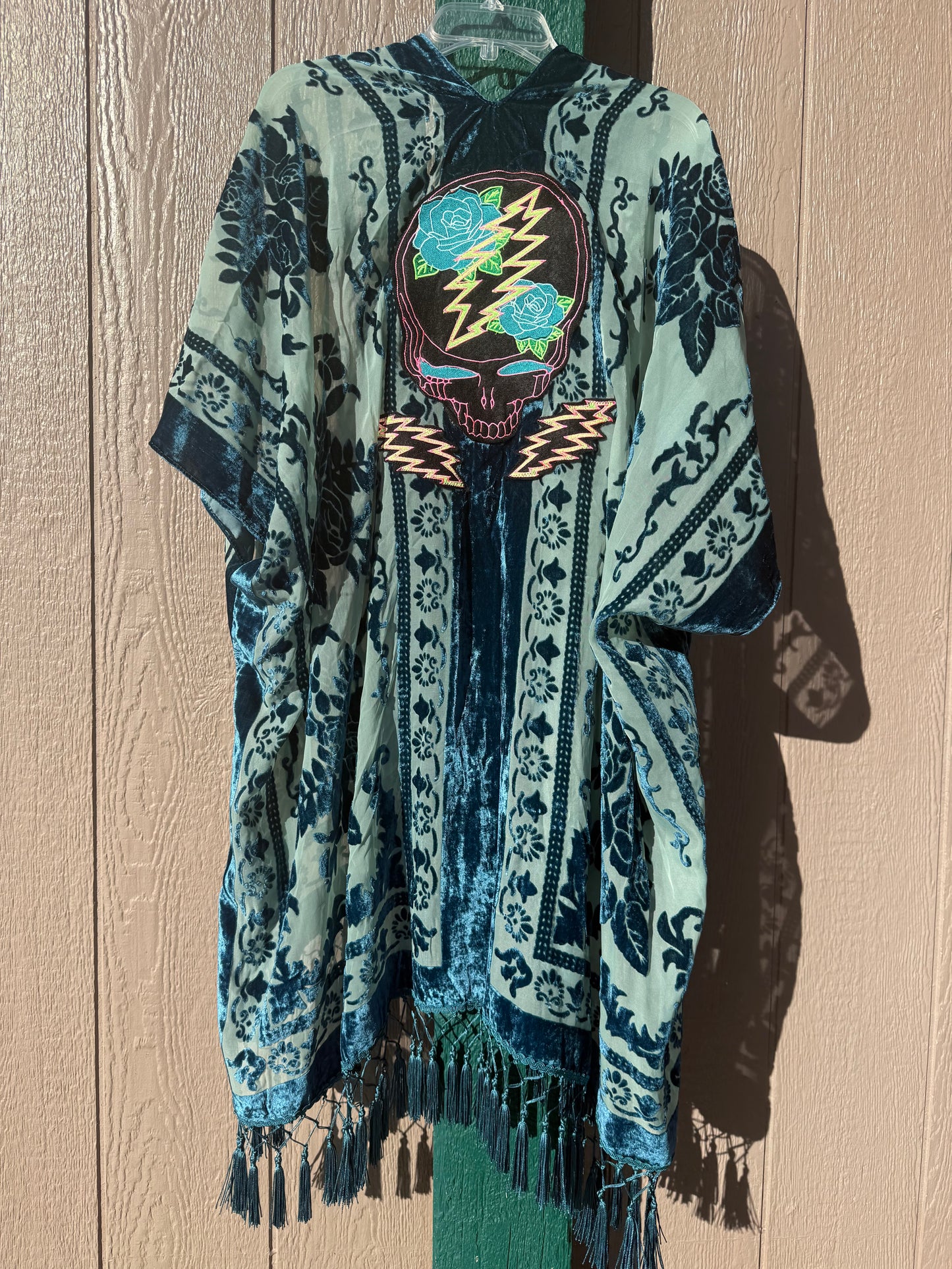 Burnout Velvet Rose and Bolts Fringe Kimono