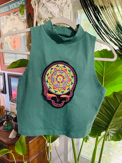 Embroidered Stealie Mandala High Neck Crop Top