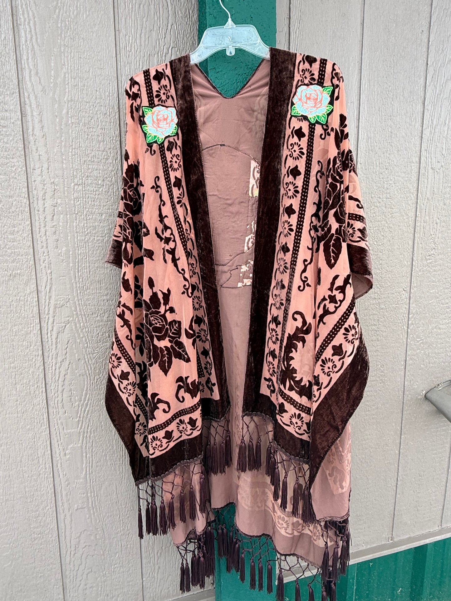 Burnout Velvet Rose and Bolts Fringe Kimono