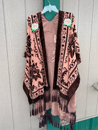 Burnout Velvet Rose and Bolts Fringe Kimono