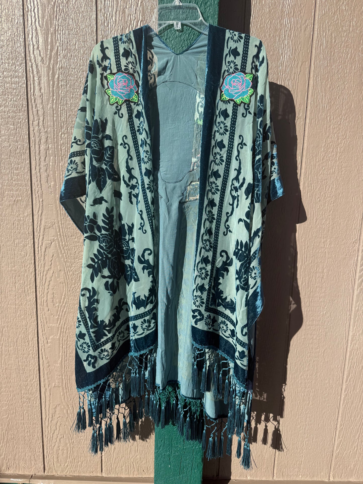 Burnout Velvet Rose and Bolts Fringe Kimono