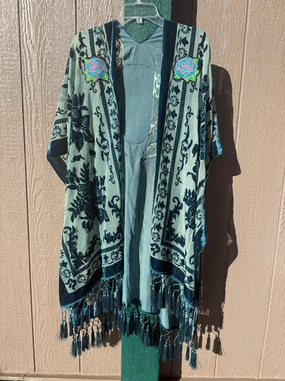 Burnout Velvet Rose and Bolts Fringe Kimono