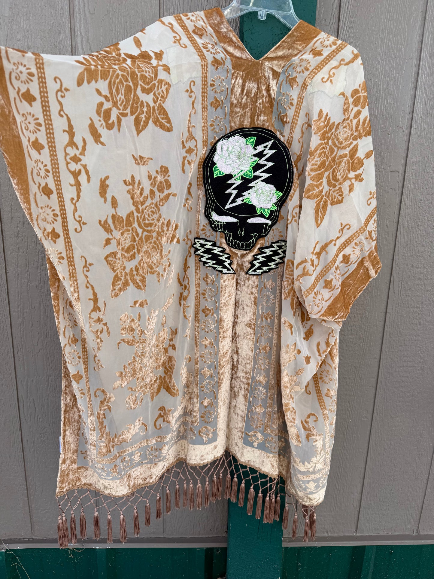 Burnout Velvet Rose and Bolts Fringe Kimono