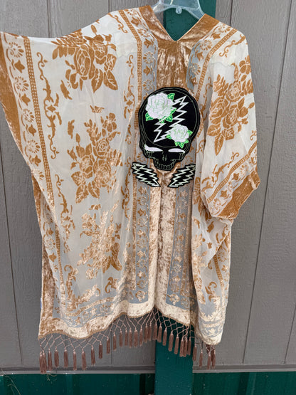 Burnout Velvet Rose and Bolts Fringe Kimono