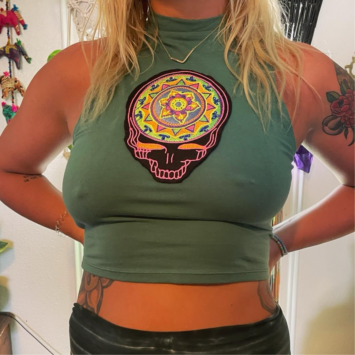 Embroidered Stealie Mandala High Neck Crop Top