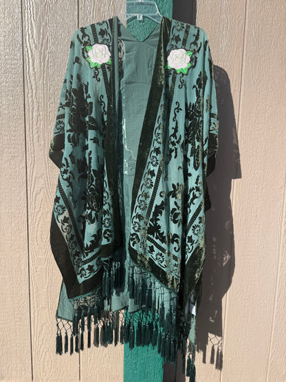 Burnout Velvet Rose and Bolts Fringe Kimono